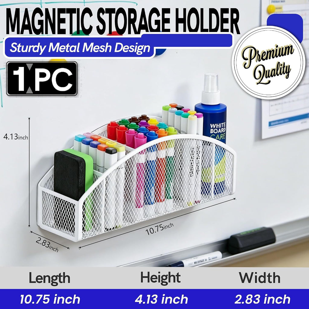 Magnetic Dry Erase Marker Holder for Whiteboard, 10 inch Large Capacity Whiteboard Marker and Spray Holder, 5 Slots Magnetic Fridge Organizer for Office, Classroom, Home (White)