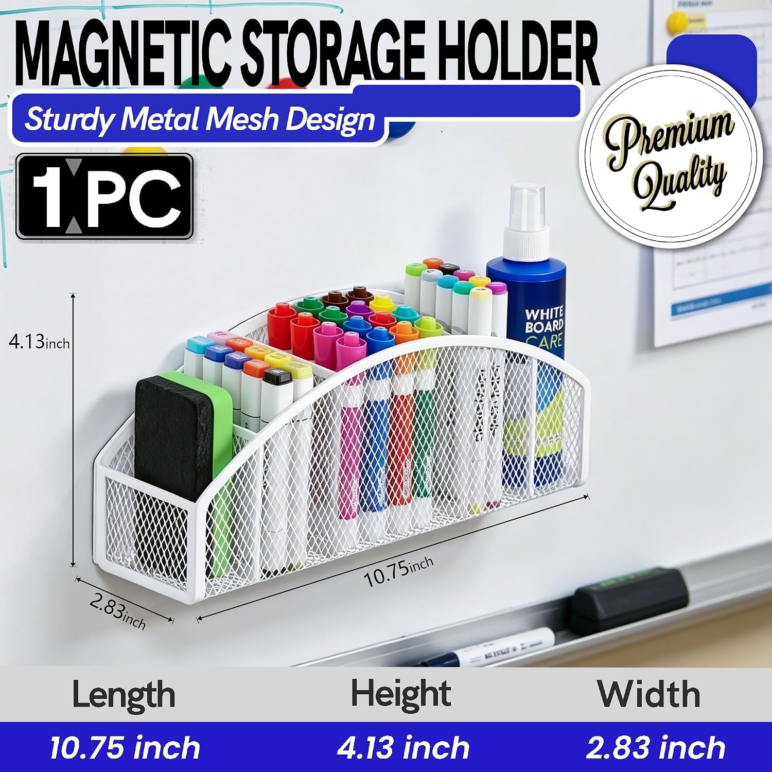 Magnetic Dry Erase Marker Holder for Whiteboard, 10 inch Large Capacity Whiteboard Marker and Spray Holder, 5 Slots Magnetic Fridge Organizer for Office, Classroom, Home (White)