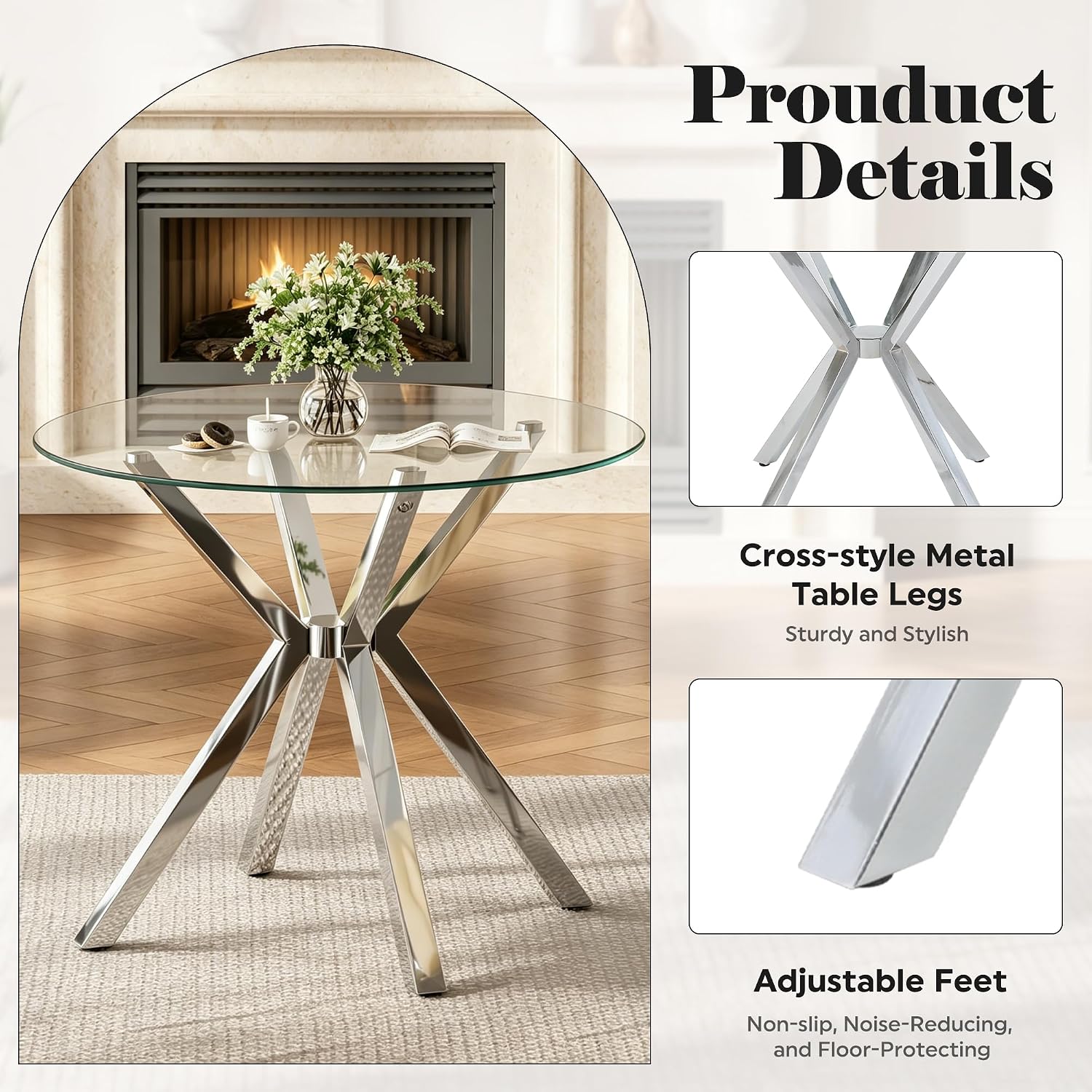 Baysitone Modern 3-Piece Dining Set with 36" Round Glass Table & 2 Woven Velvet Upholstered Dining Chairs, Silver Metal Table Legs, Kitchen & Dining Room Furniture for Small Spaces(Beige&Silver)