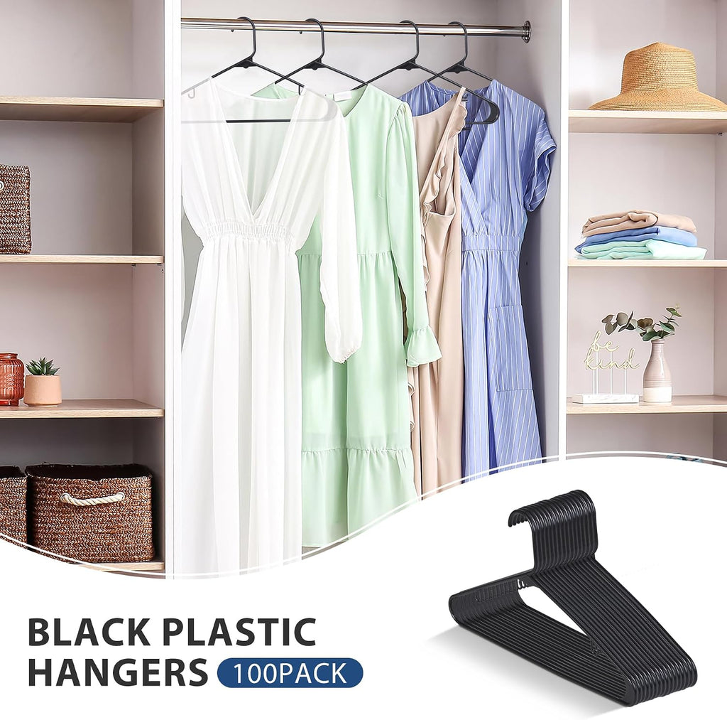 ZenStyle 100 Pack Standard Size White Plastic Hangers for Clothes Lightweight Space Saving Tubular Clothing Hangers (Black)
