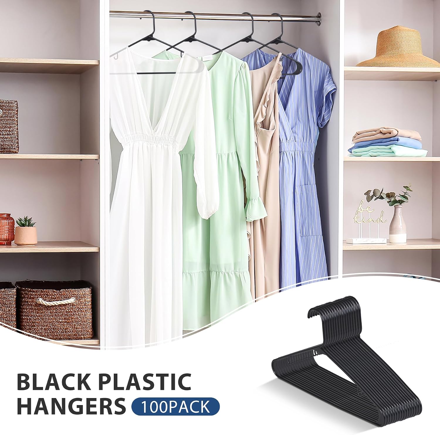 ZenStyle 100 Pack Standard Size White Plastic Hangers for Clothes Lightweight Space Saving Tubular Clothing Hangers (Black)