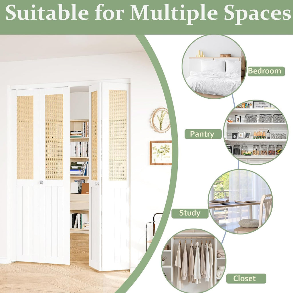 Bifold Door for 48" x 80" Opening, Preassembled Faux Cane Webbing Folding Door with Hardware Kit, MDF Surface, Interior Door Panel for Closet, Pantry & Laundry