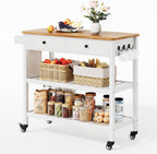 Gizoon Kitchen Island Cart on Wheels with 40'' Wood Tabletop | 2 Open Tiers Storage Shelves and Towel Rack, Rolling Utility Cart with 3 Side Hooks and 2 Drawer for Dining Room, Bar, White