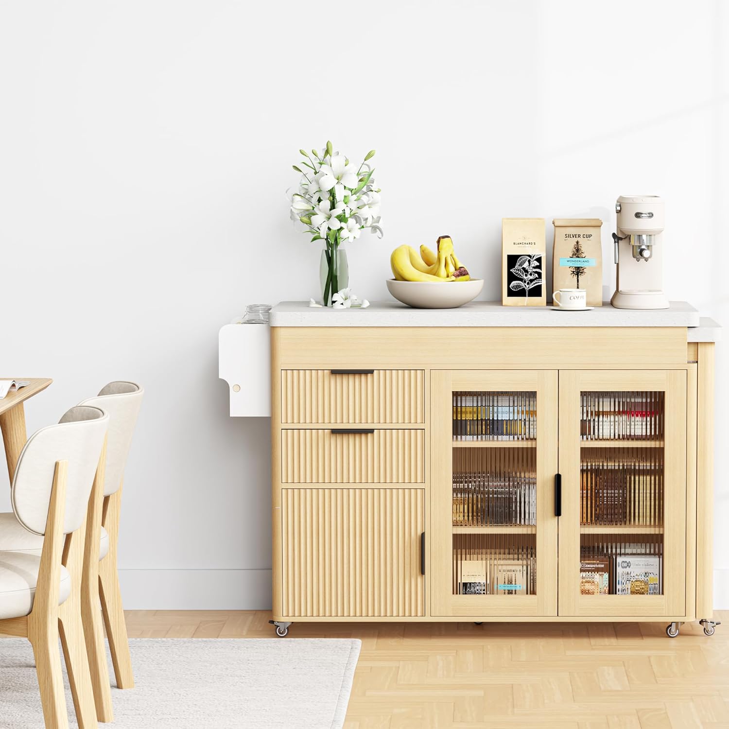 IRONCK 78.7" Kitchen Island with Extendable Dining Table, Rolling Kitchen Cart on Wheels with Quartz Laminate Top, Storage Cabinet, Spice Rack, Shelf & Drawer for Dining Room (Oak)