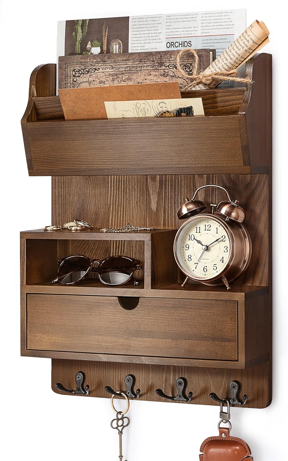 Rebee Vision Pine Wood Key Holder Wall Mount with Drawer Organizer – Farmhouse Key Holder for Wall with Mail Organizer & 4 Hooks – Perfect for Retro Home Decor(Brown)