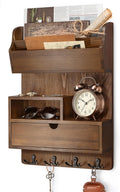 Rebee Vision Pine Wood Key Holder Wall Mount with Drawer Organizer – Farmhouse Key Holder for Wall with Mail Organizer & 4 Hooks – Perfect for Retro Home Decor(Brown)