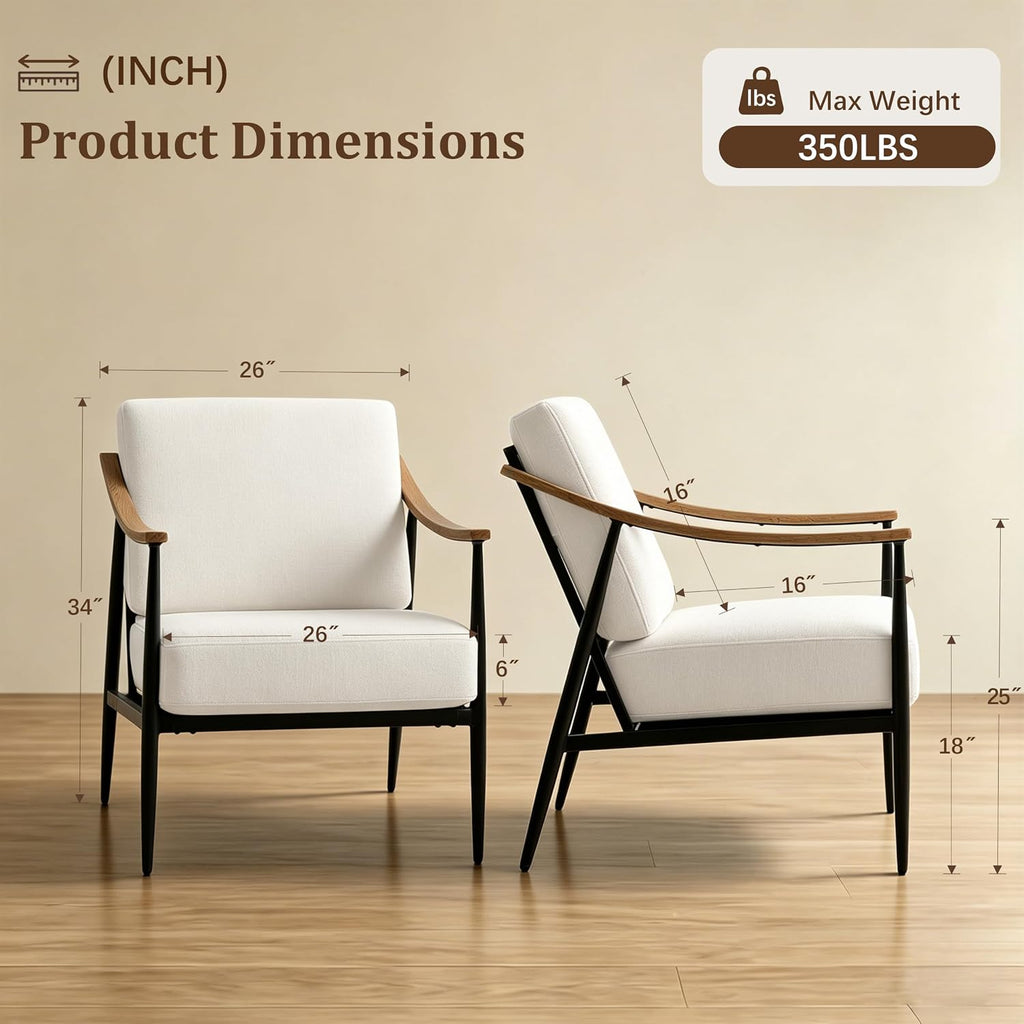 RNKSFX Modern Accent Chairs Set of 2 for Living Room Bedroom Mid Century Arm Chairs Upholstered Office Accent Chairs Comfy Waiting Room Chairs with Metal Frame, Cream White