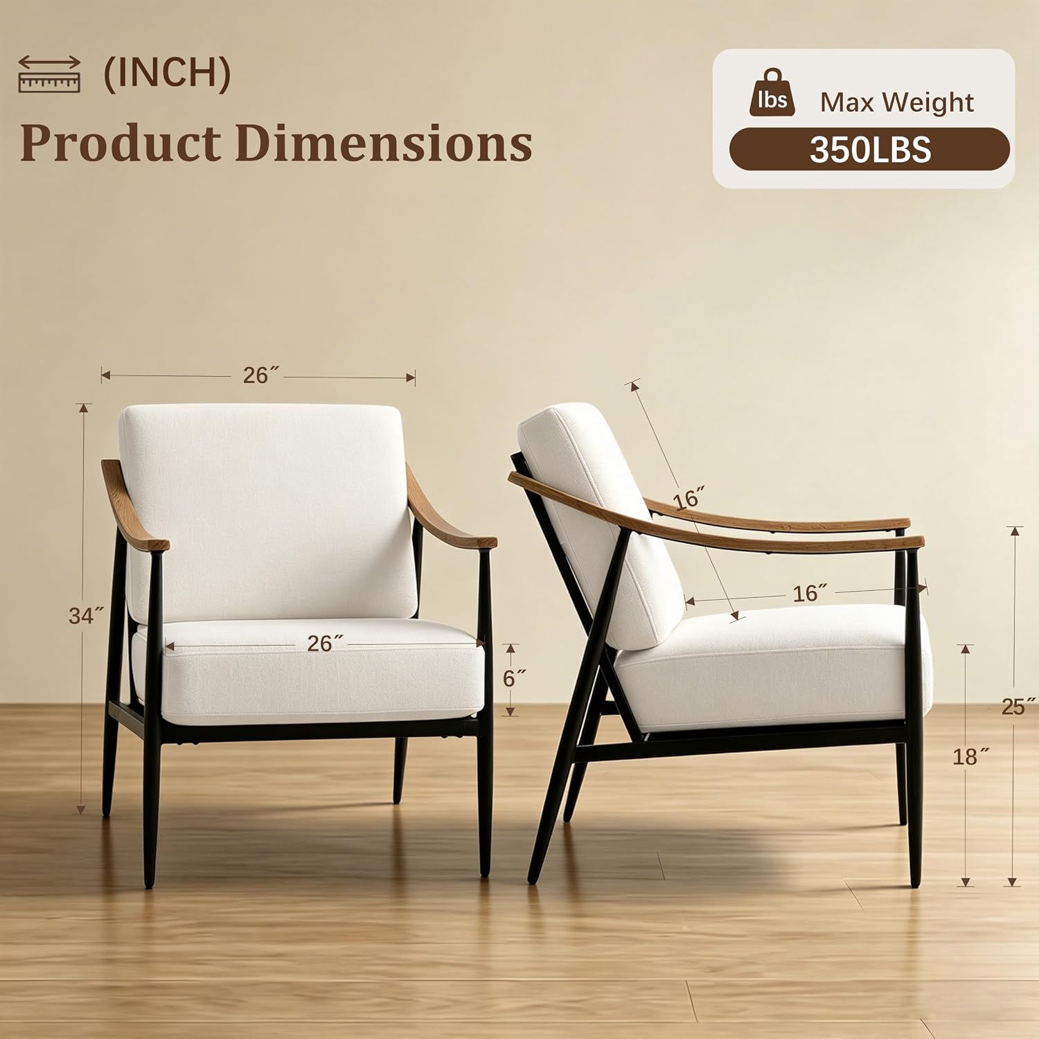 RNKSFX Modern Accent Chairs Set of 2 for Living Room Bedroom Mid Century Arm Chairs Upholstered Office Accent Chairs Comfy Waiting Room Chairs with Metal Frame, Cream White