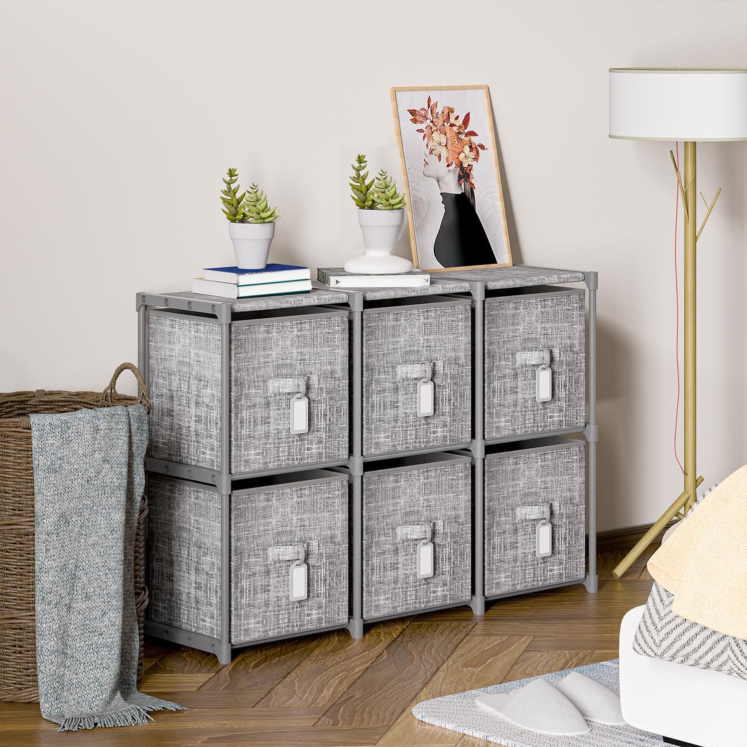 LUKYTOWER Cube Storage Organizer Shelf with 6 Printed Bins + Labels, Adjustable Modular Cubby Storage Organizer with Bins, Large Capacity Shelves for Storage,Closet, Living Room, Dorm, Yarn