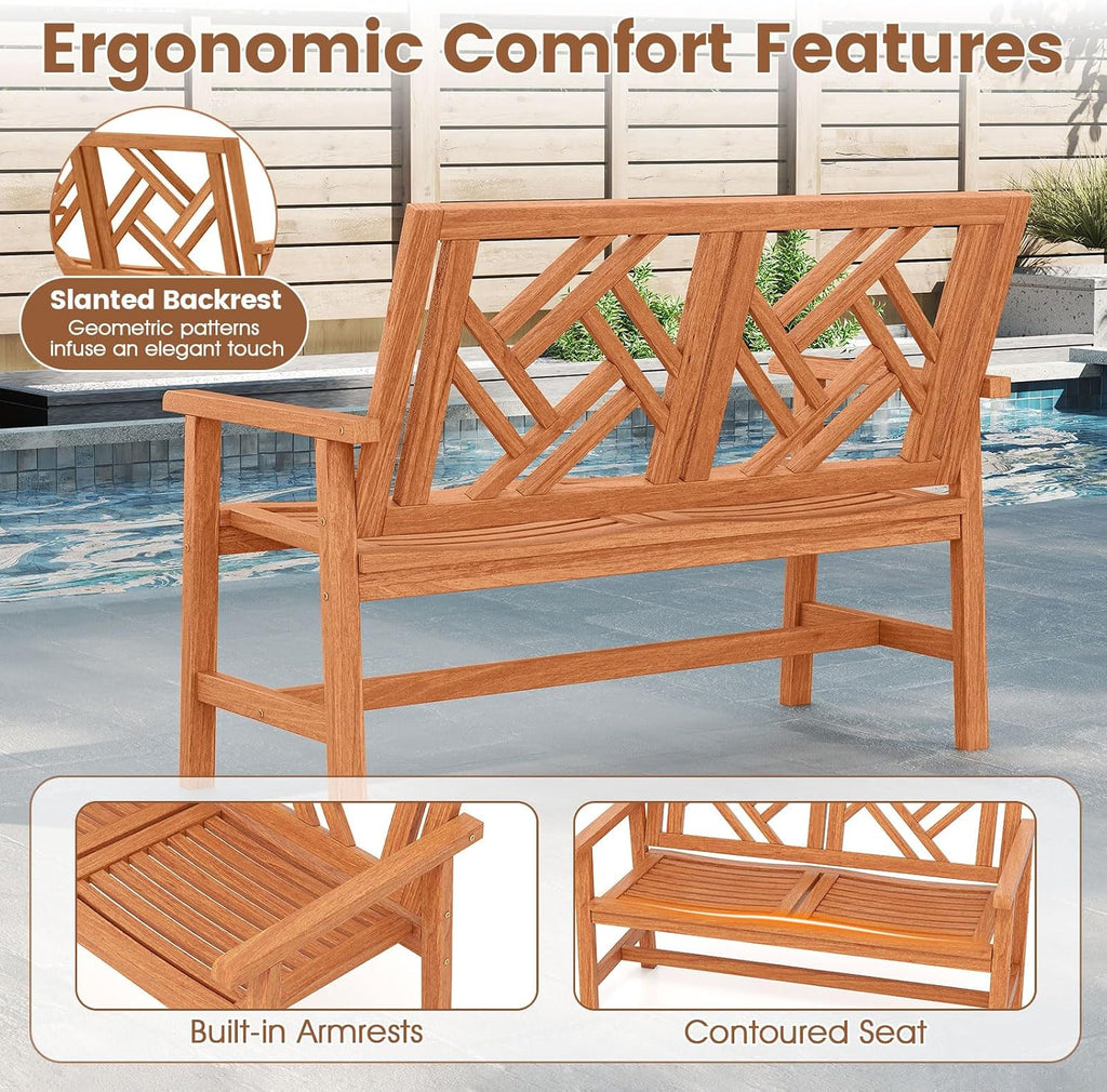 Tangkula Outdoor Wood Bench, 2-Person Patio Loveseat Chair with Geometric Backrest, Built-in Armrests & Slatted Seat, 660 lbs Weight Capacity, Garden Bench for Porch, Backyard & Poolside