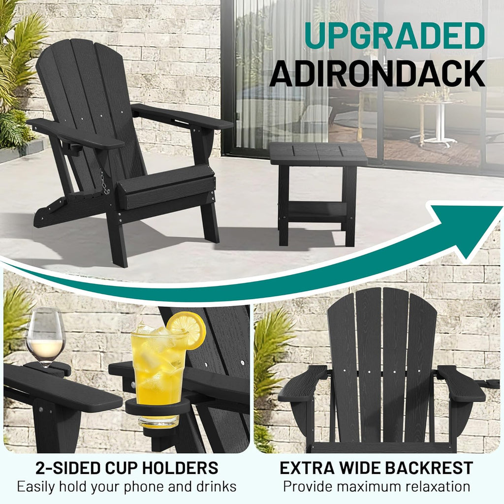 PLUUV Folding Adirondack Chair Set of 2, Easy Storage Space Saving, 380 LBS Capacity Weather Resistant HDPE with Two-Cup Holder for Outdoor Patio Fire Pit Gathering, Black