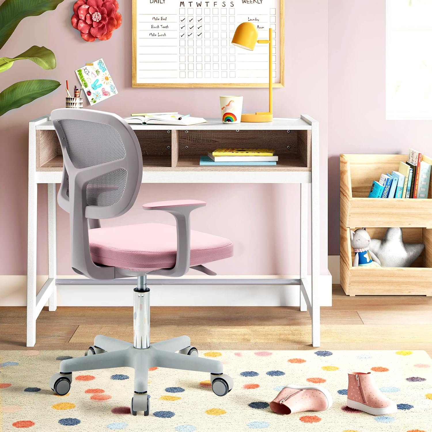 HONEY JOY Kids Desk Chair, Height Adjustable Children Study Chair, Swivel Mesh Task Student Chair, Universal Casters, Child Computer Desk Chair for Boys Girls Age 3-10 (Pink)