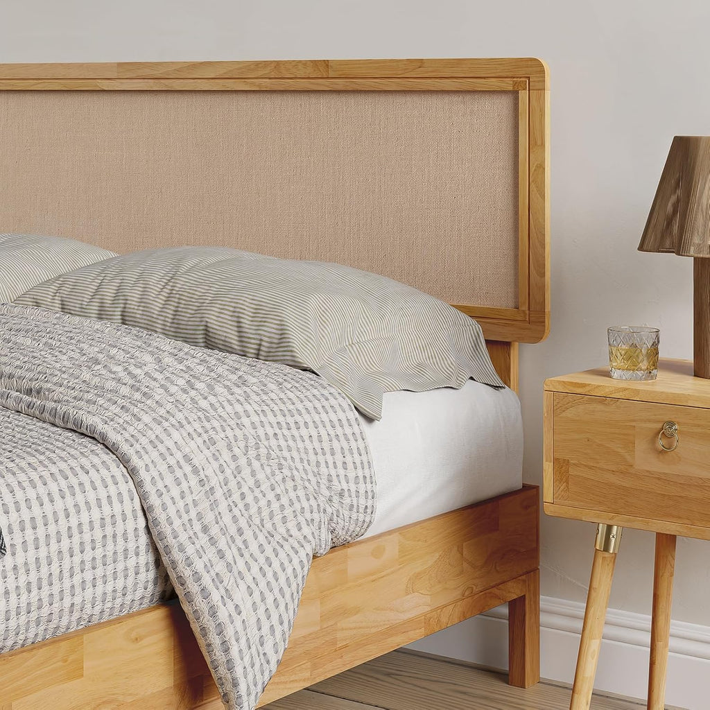 Bme Nipe Bed Frame with Headboard, Bohemian and Mid-Century Modern Style, Solid Rubber Wood Platform Bed with Slat Support, No Box Spring Needed, Easy Assembly, Queen - Light Natural