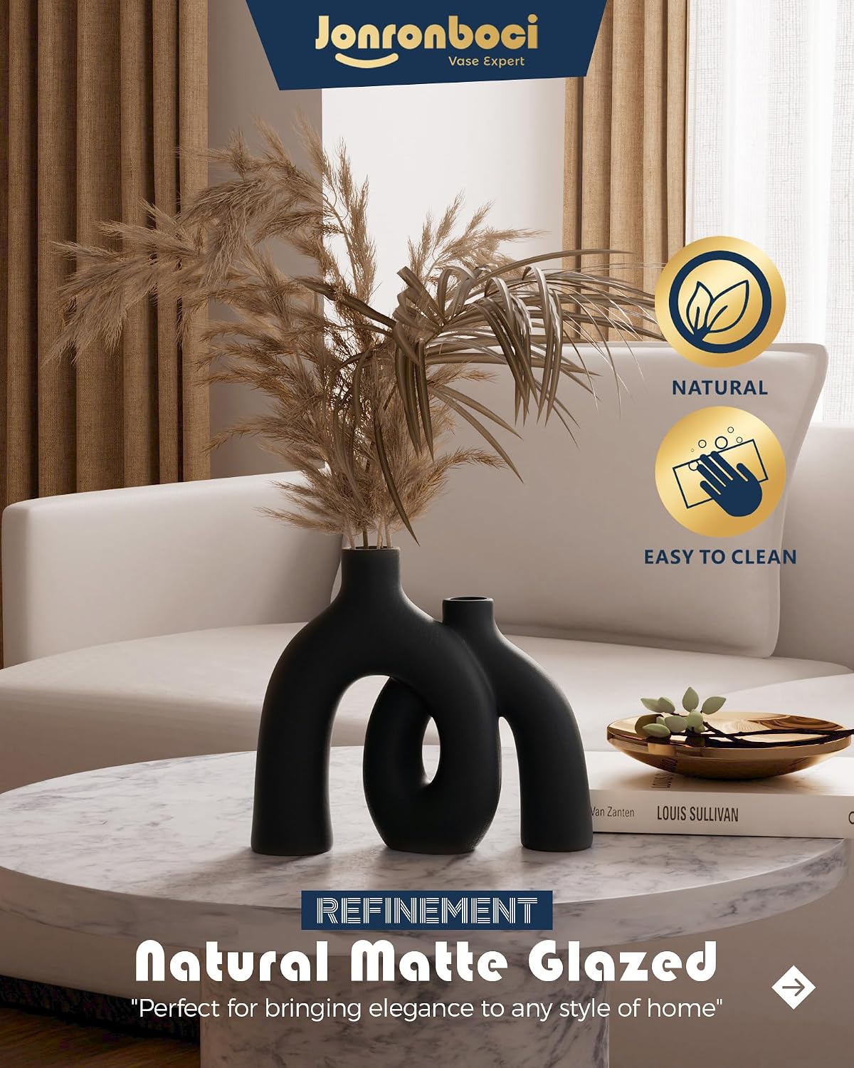 Matte Black Vase Set - Hug Hollow Donut Aesthetic Ceramic Vases Home Decor, Modern Nordic Minimalist Decorative Vase for Table Centerpiece Bookshelf Office Entryway Console Fireplace (Black)