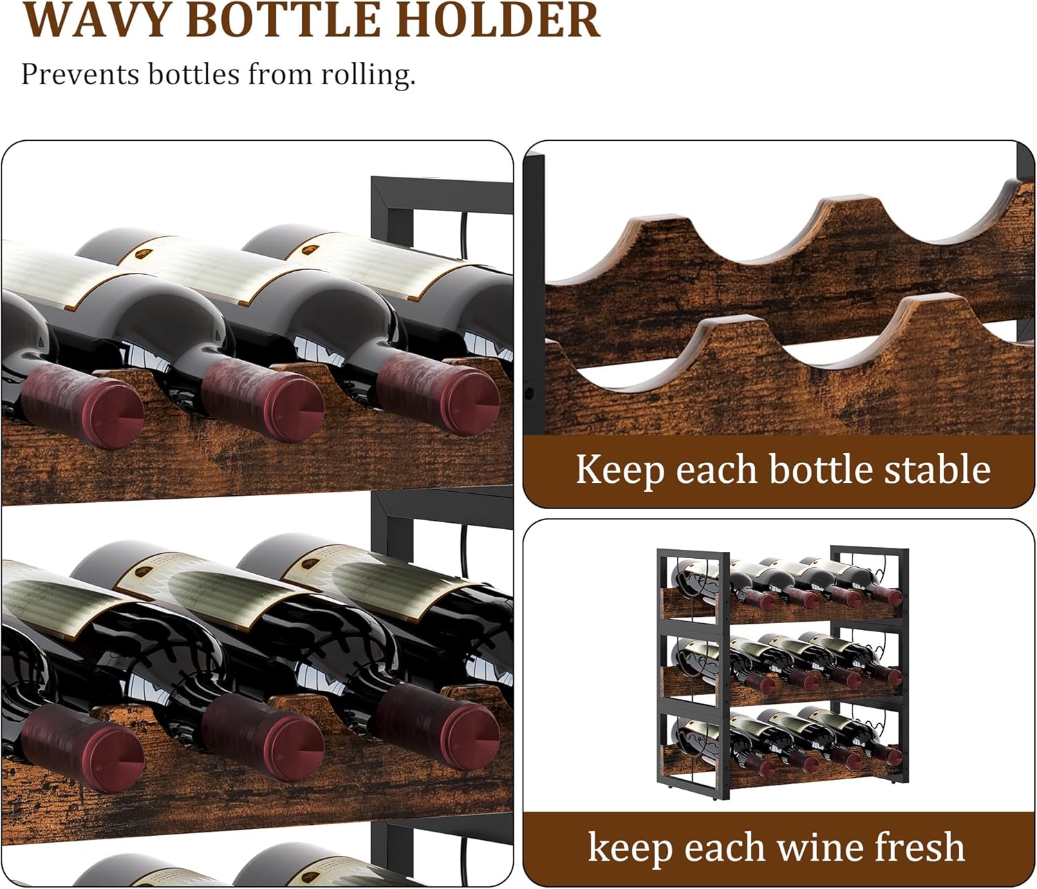 TQVAI Small Wine Racks 12 Bottle Countertop 3 Tier Wine Holder Bottle Storage Stackable Wine Racks Free Standing, Antique Brown