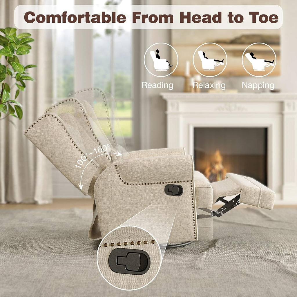 Gecheer Swivel Recliner Chair with Lumbar Pillow and Footrest – Glider Rocking Chair for Nursery, Bedroom or Living Room – Beige Upholstered Swivel Rocker