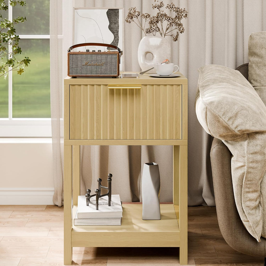 Modern Nightstand, Boho Bedside Table with Drawer and Opening Storage, Mid Century Wood End Table for Living Room Fluted Night Stand with Solid Wood Legs for Bedroom, Oak, 1pc