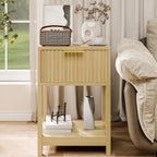 Modern Nightstand, Boho Bedside Table with Drawer and Opening Storage, Mid Century Wood End Table for Living Room Fluted Night Stand with Solid Wood Legs for Bedroom, Oak, 1pc