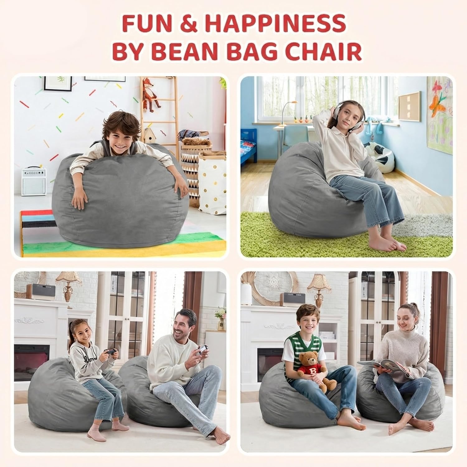 2FT Bean Bag Chair, Comfy Bean Bag Chairs with Memory Foam Filled, Fluffy Beanbag Sofa with Dutch Velvet Cover, Teardrop BeanBag Chairs for Living Room, Playroom - Grey