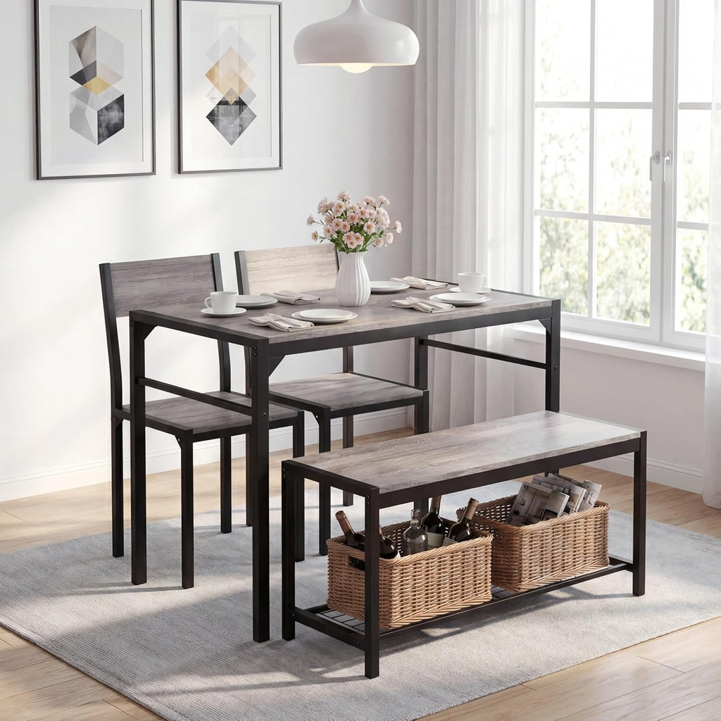 Dining Table Set for 4 with Bench, 4 Pieces Kitchen Table and Chairs, Space-Saving Dinner Table for Kitchen, Dining Room, Apartment, Extra Storage, Sturdy Construction, Easy Assembly(Grey)