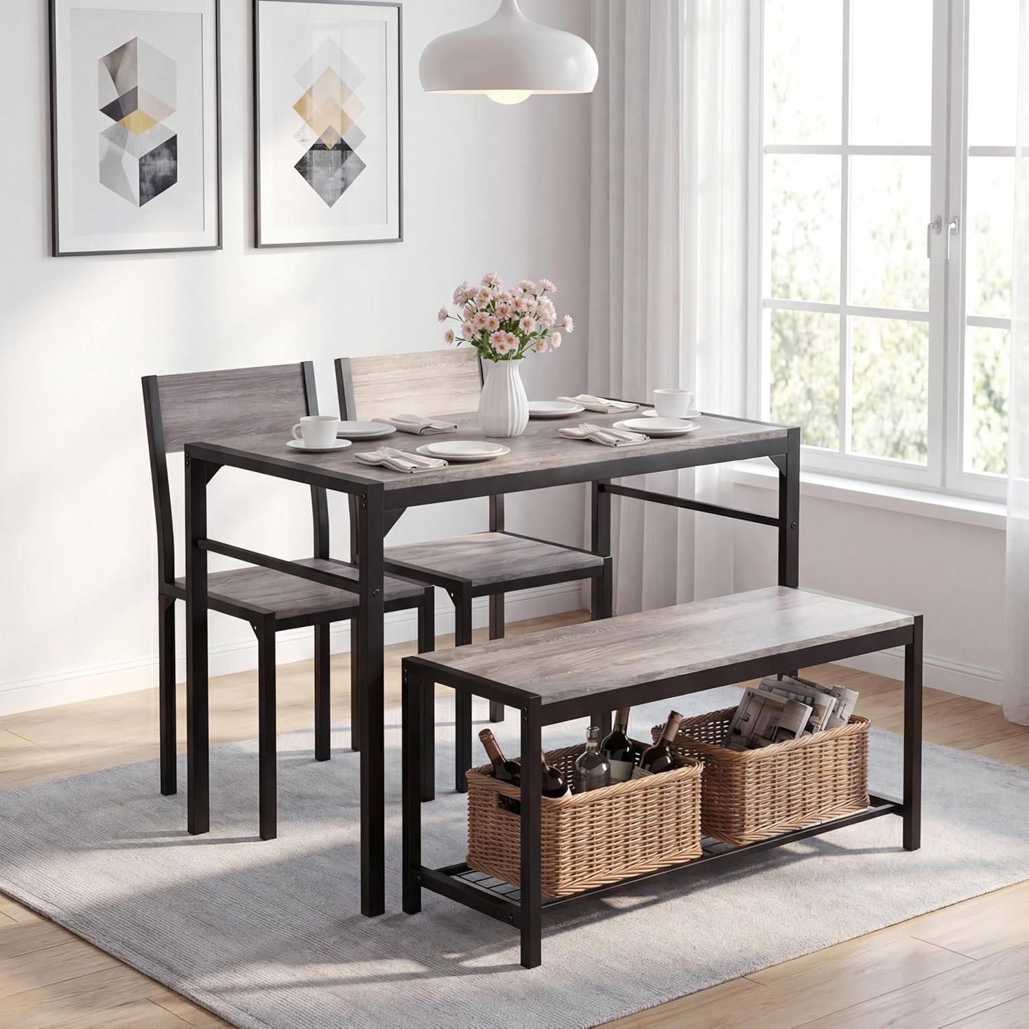 Dining Table Set for 4 with Bench, 4 Pieces Kitchen Table and Chairs, Space-Saving Dinner Table for Kitchen, Dining Room, Apartment, Extra Storage, Sturdy Construction, Easy Assembly(Grey)