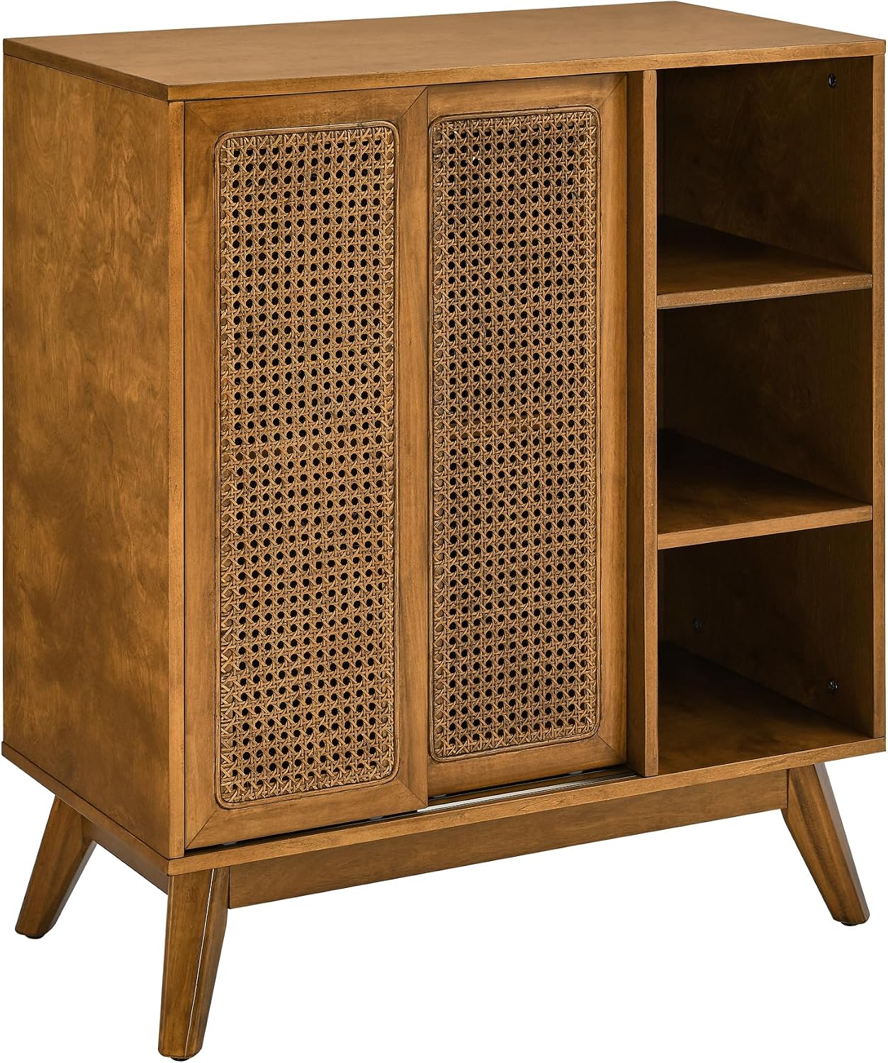 Ball & Cast 32" Mid Century Modern Rattan Sideboard Cabinet with 2 Sliding Doors, Buffet Cabinet w/Adjustable Shelf & Solid Wood Legs for Entryway, Living Room, Kitchen,Dining Room, Light Walnut