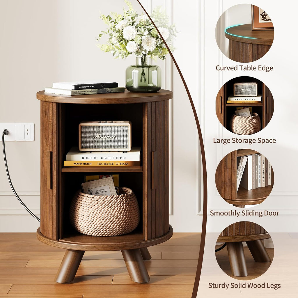 Round End Table with Storage - Fluted Side Table with Charging Station, Wood Nightstand with Sliding Tambour Door for Bedroom, Accent End Tables Living Room, Modern Bedside Table, Walnut