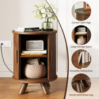Round End Table with Storage - Fluted Side Table with Charging Station, Wood Nightstand with Sliding Tambour Door for Bedroom, Accent End Tables Living Room, Modern Bedside Table, Walnut