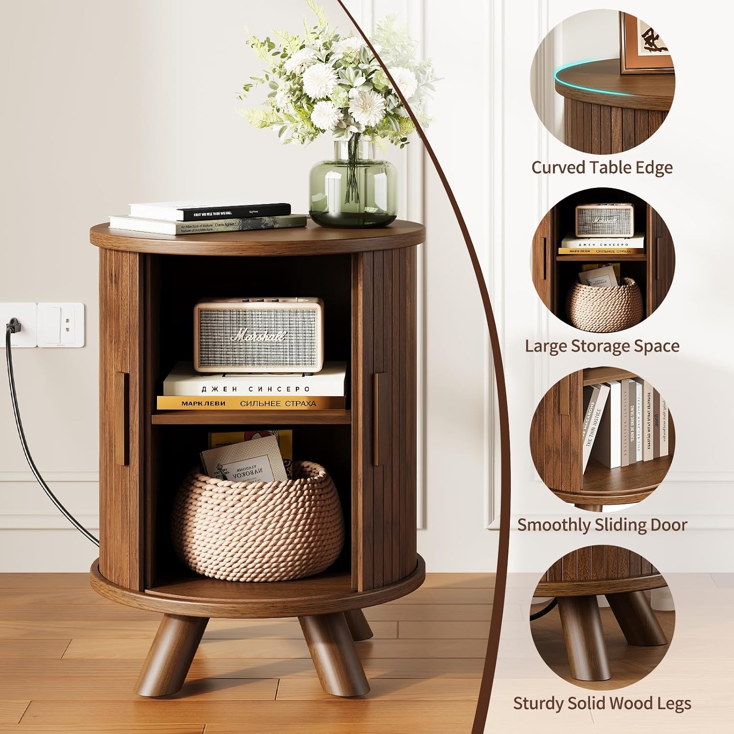 Round End Table with Storage - Fluted Side Table with Charging Station, Wood Nightstand with Sliding Tambour Door for Bedroom, Accent End Tables Living Room, Modern Bedside Table, Walnut