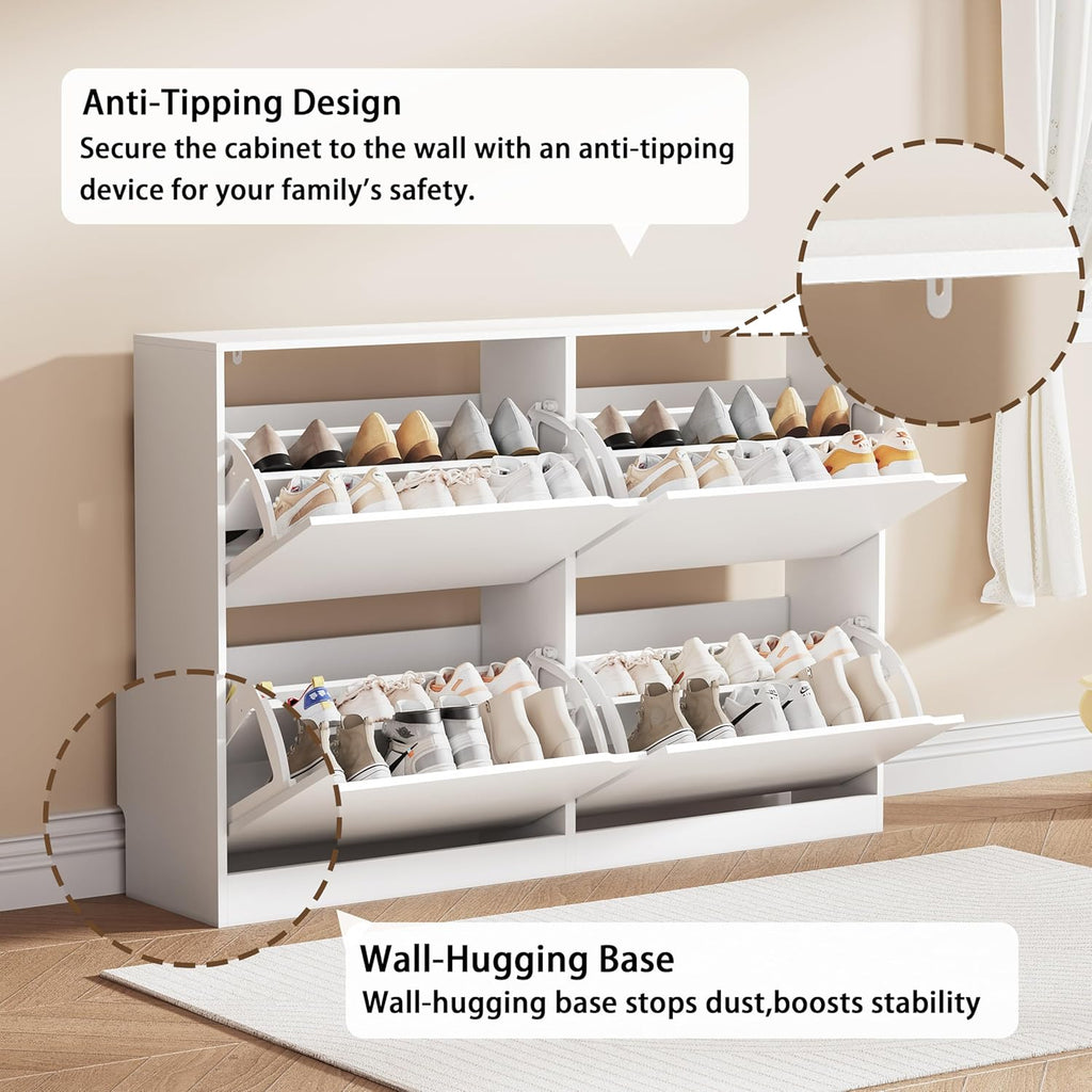 Shoe Storage Cabinet, Wood Shoe Organizer for Entryway with 3 Flip Drawers, Freestanding Shoe Rack with Adjustable Shelf, Narrow Shoe Dresser for Front Door Entrance (White, 4 Drawers)