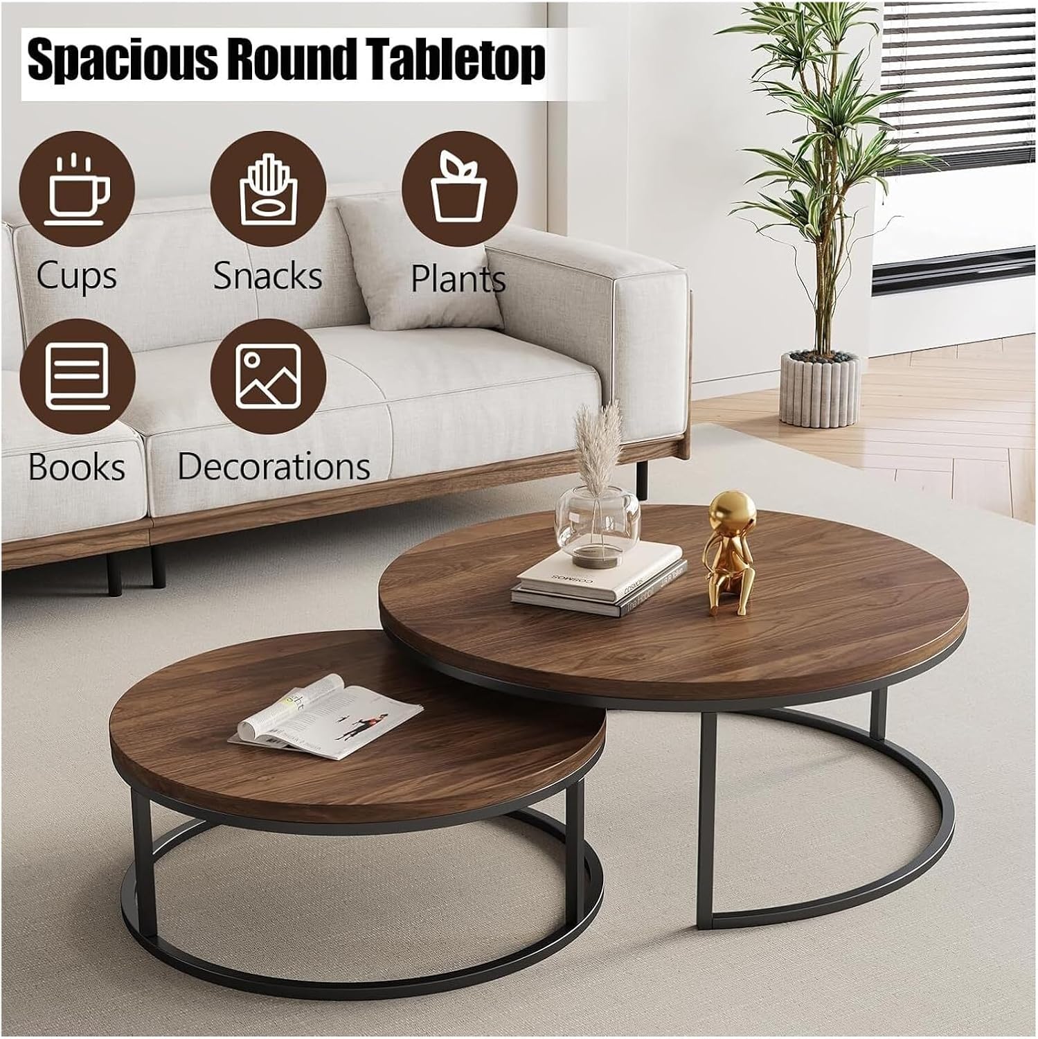 Round Nesting Coffee Table Set of 2, Modern Minimalist Accent Tables for Living Room, Bedroom, Office, Stackable Side Tables(Walnut)