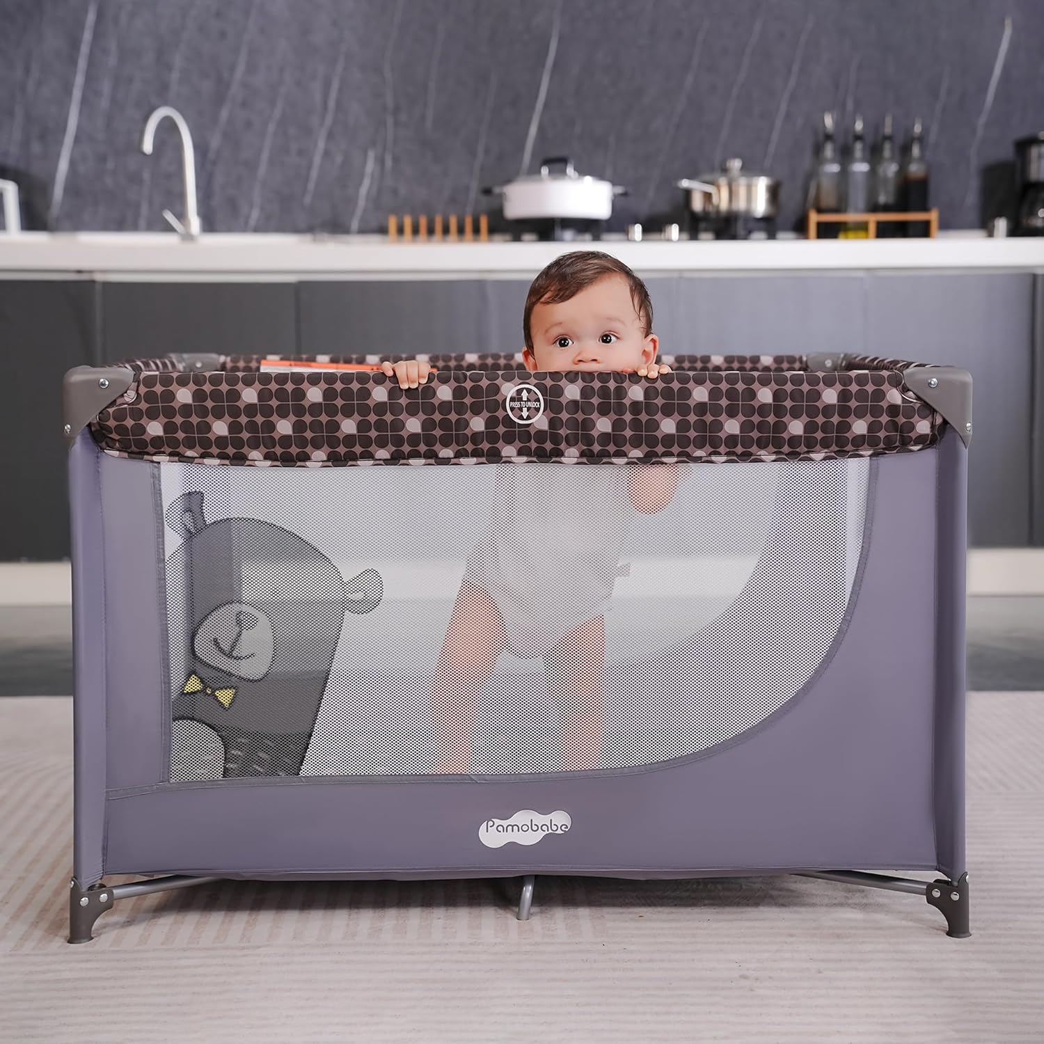 Pamo Babe Compact Pack and Play - Portable Crib for Baby, Lightweight Foldable Travel Playard with Mattress Pad & Carry Bag, Safe Breathable Travel Bed for Home, Trips & Family Visits, Cute Pattern