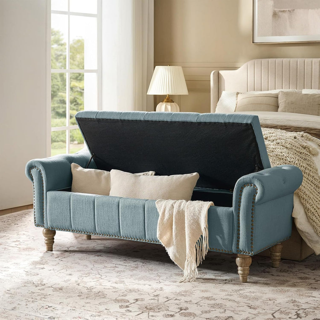 HULALA HOME Farmhouse Upholstered Storage Bench, End of Bed Bench with Vintage Button Tufted Design(Blue)