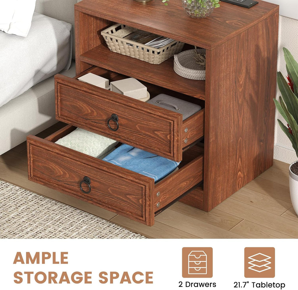 VVFLU Farmhouse Nightstand with Charging Station, 21.7" Wide End Table with 2 Drawers & Open Compartment, Cherry Wood Side Table, Bedside Table for Bedroom, Living Room, Sofa