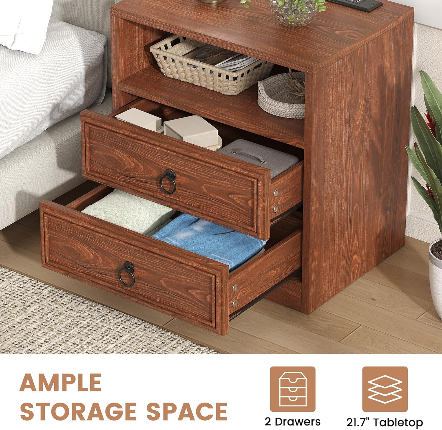 VVFLU Farmhouse Nightstand with Charging Station, 21.7" Wide End Table with 2 Drawers & Open Compartment, Cherry Wood Side Table, Bedside Table for Bedroom, Living Room, Sofa