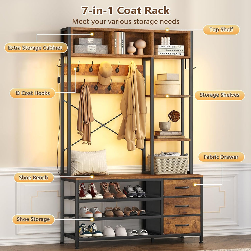 39.4'' Hall Tree with Bench and Shoe Storage, Entryway Bench with Coat Rack, 25-in-1 Tall Hall Tree with Led Lights (Rustic)