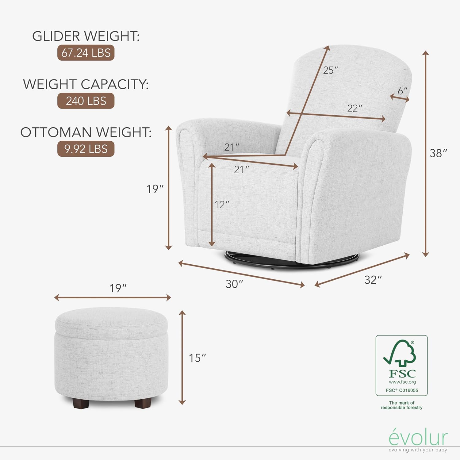 Evolur Vienna Swivel Glider with Ottoman, 360° Swivel, Without Nailhead Trim, Greenguard Gold & FSC-Certified, Nursery Chair in Fog Grey