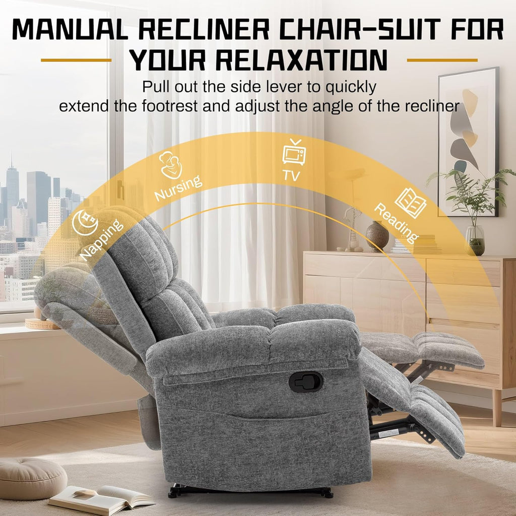 Korser Recliner Chair, Living Room Recliner Chairs for Adults, Small Recliners for Small Spaces, Upholstered Manual Recliner with Side Pockets, Modern Nursery Chair for Living Room, Chenille, Grey