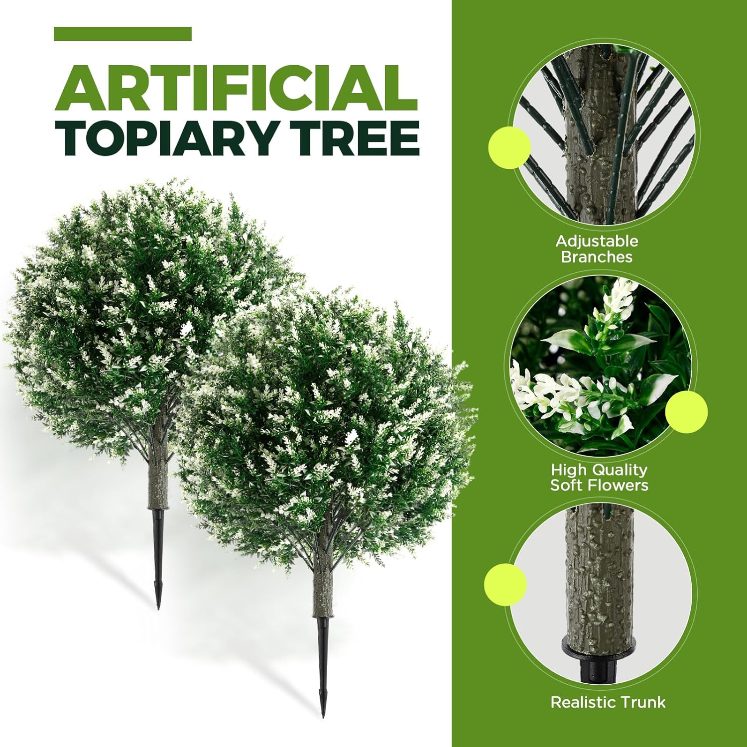 Lunmon Artificial Topiary Ball Trees Outdoor Set of 4, 24 Inch Faux Flower Topiary Bushes Plants with Ground Spikes, UV Resistant Artificial Shrubs for Porch Patio Garden Decor(Lavender,White)