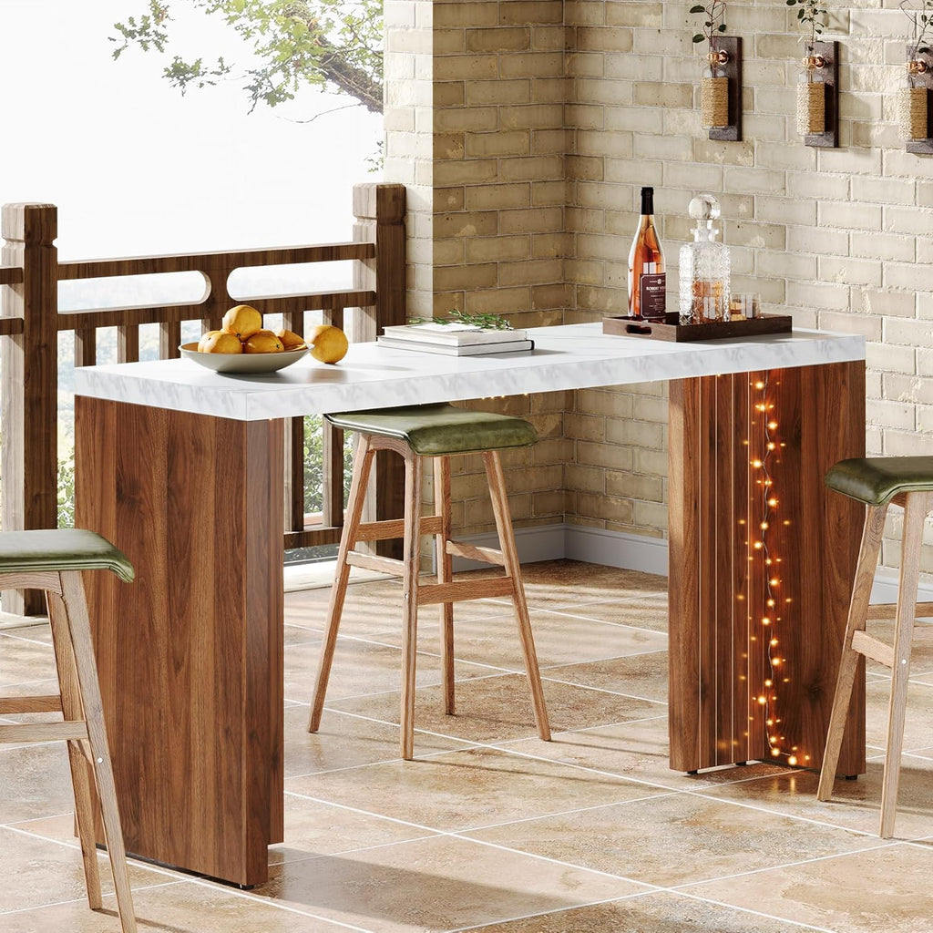 Tribesigns 55.12-Inch Bar Table, Modern Counter Height Pub Table with a Faux Marble Tabletop, Rectangular Home Coffee Bar Unit for Kitchen, Dining Room, Living Room, Balcony, Basement, Walnut & White