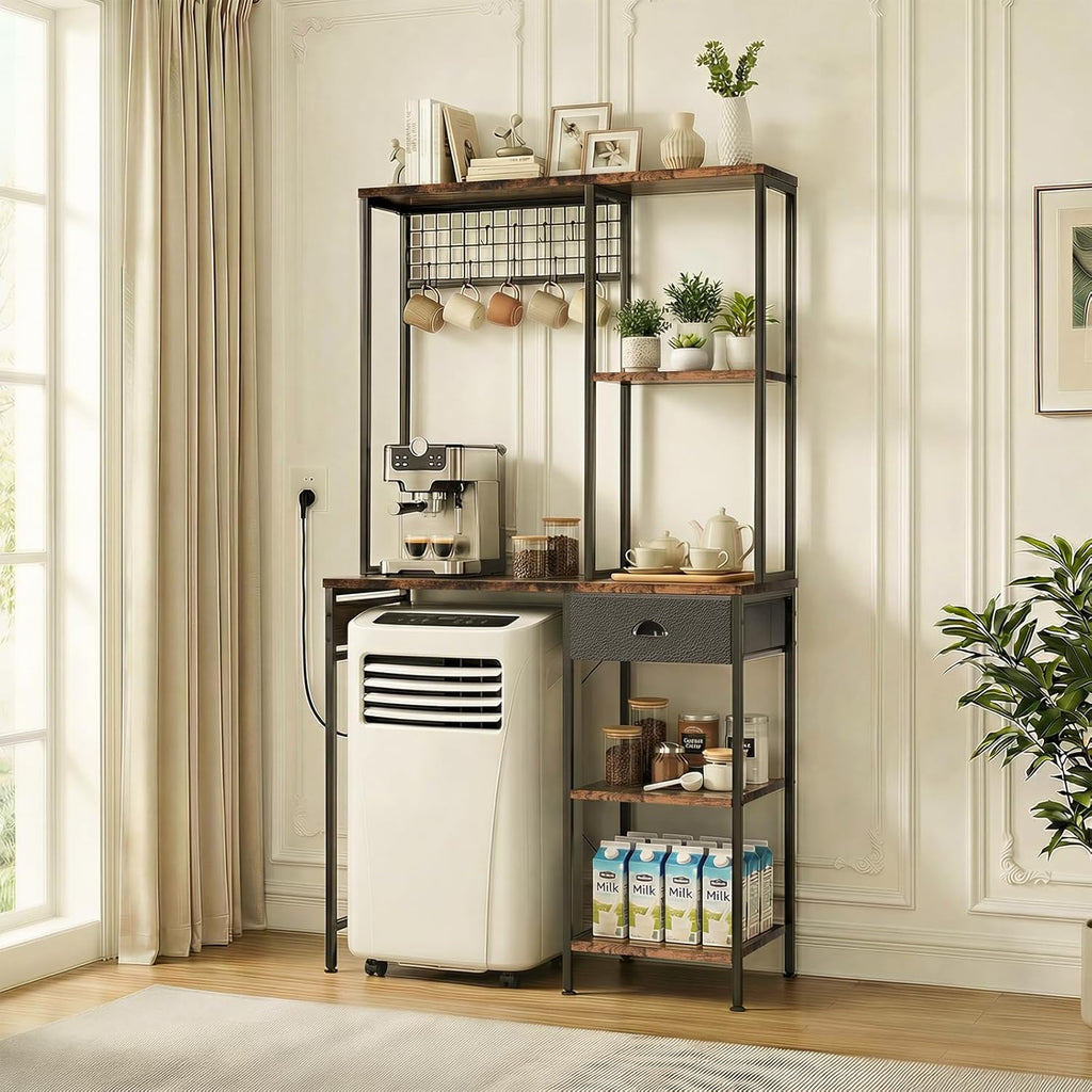 DreamDashio Over Mini Fridge Shelf with Power Outlet, 3-Tier Bakers Rack & Appliance Organizer for Microwave and Coffee Maker, Featuring Adjustable Shelves, Storage Drawer, 8 S-Hooks