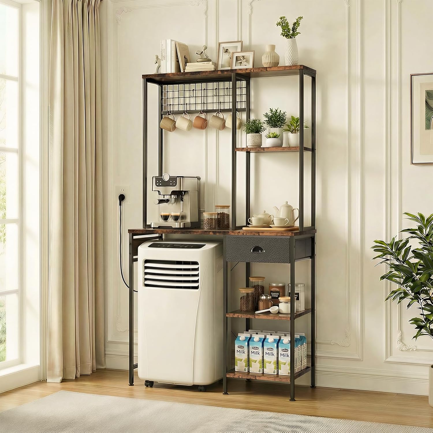 DreamDashio Over Mini Fridge Shelf with Power Outlet, 3-Tier Bakers Rack & Appliance Organizer for Microwave and Coffee Maker, Featuring Adjustable Shelves, Storage Drawer, 8 S-Hooks