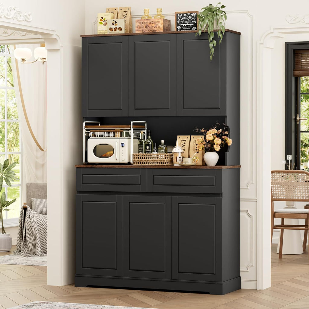 FACBOTALL 74" Pantry Cabinet, Tall Kitchen Pantry Cabinet with 6 Doors and 2 Drawers, Kitchen Hutch with Wide Countertop, Modern Kitchens Cupboard with Adjustable Shelves and Charge Holes, Black