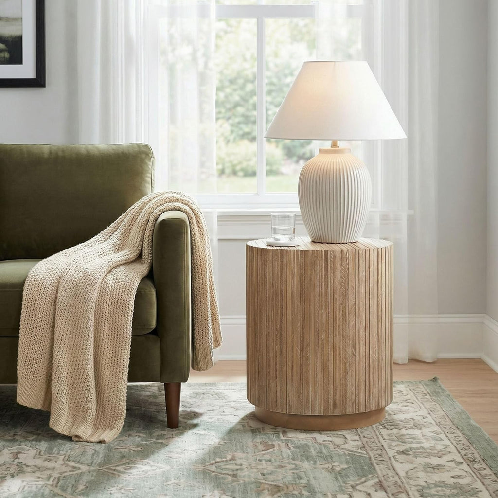 East at Main Monroe Natural Brown Teak End Table – Round Accent Table for Living Room, Bedroom, or Entryway – Solid Wood Handmade Nightstand for Coastal, Boho, and Modern Farmhouse Décor