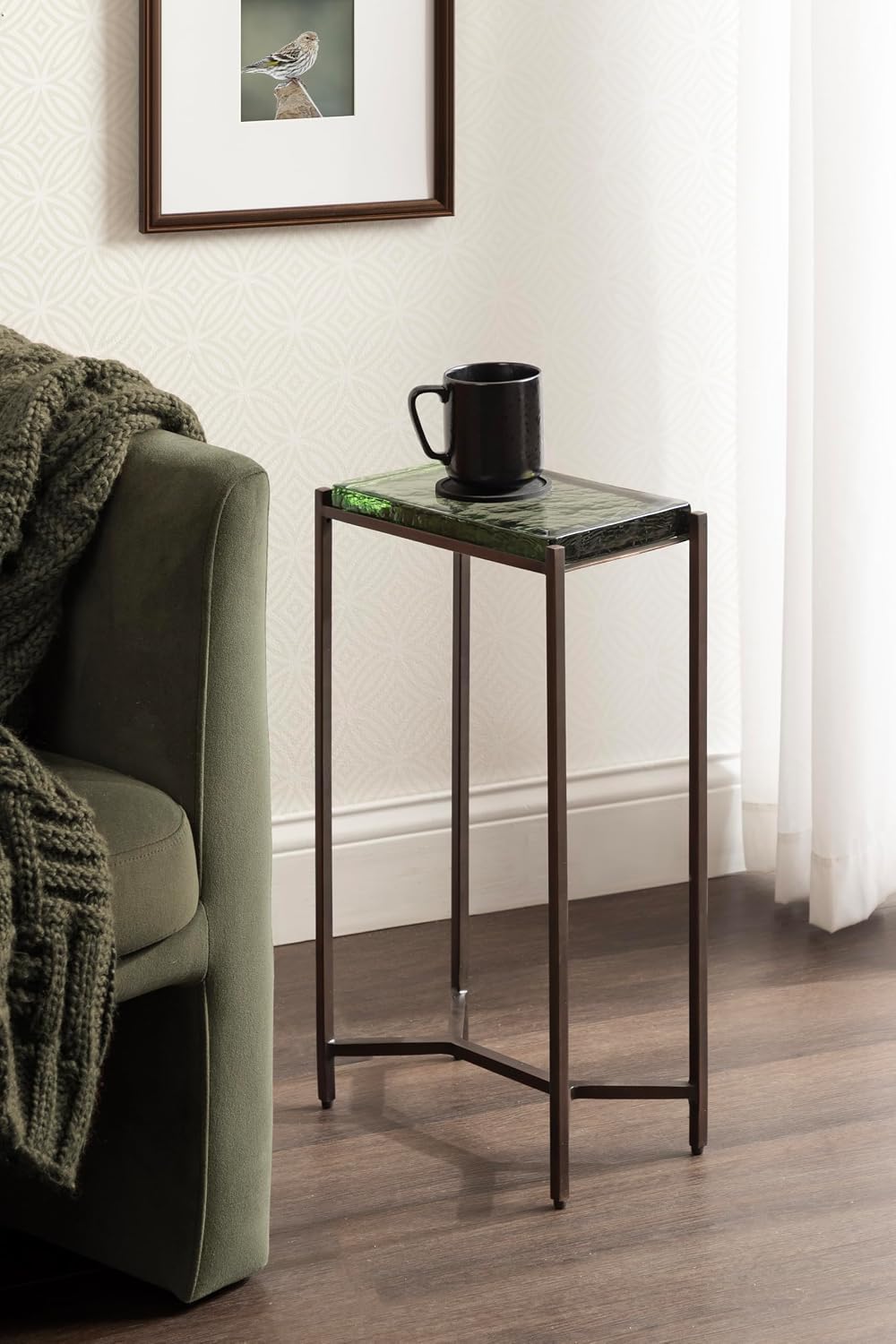 Kate and Laurel Aguilar Modern Glam Slim Side Table, 12 x 7 x 22, Green Glass and Bronze, Decorative Narrow End Table for Use as Skinny Bedroom Nightstand or Living Room Accent