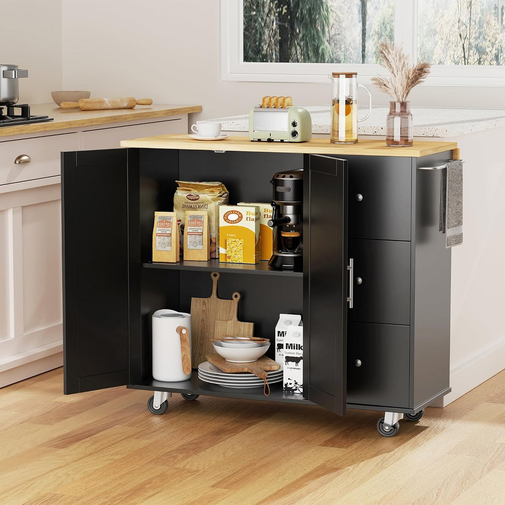 JY QAQA 40" Kitchen Island Cart Furniture cart on Wheels Rolling Portable Dining Room Serving Utility Carts Mobile Movable with Drawers Cabinet,Black