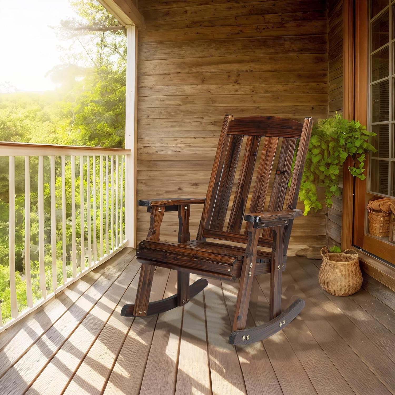 VINGLI Outdoor Rocking Chair, Heavy Duty 600 LBS Wooden Rocking Bench with Comfortable Backrest, Weatherproof Patio Rocker with Ergonomic Design, Wood Rocking Chair for Patio, Garden (Rustic, 2 PCS)