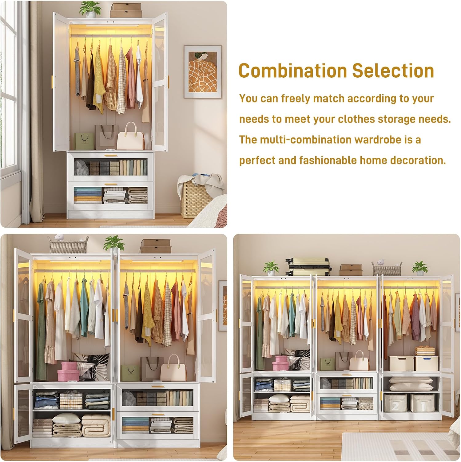 4 Doors Armoire Wardrobe Closet with LED and Mirror,71" H Freestanding Wooden Wardrobe Closet Cabinet for Bedroom w 2 Drawers,Wooden Clothing Storage Cabinet w Hanging Rod,Closets for Bedroom(White)