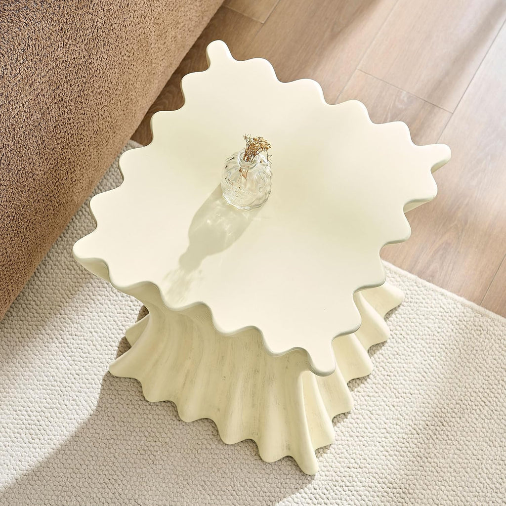 15.16" Square Sofa Side Table with Creative Wavy/Scallop Edge Design, Modern Creative Couch End Table Nightstand for Living Room Apartment Bedroom, No Need Assembly, (Fiberglass, Beige)