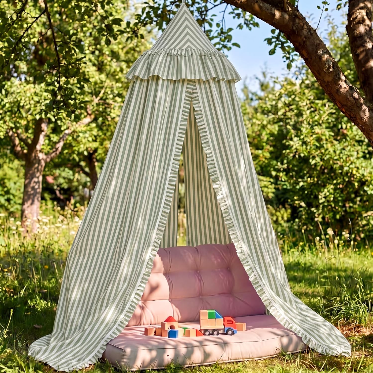 SmoothNovelty Green Striped Bed Canopy with Ruffles, Soft Cute Decorative Tent, Hanging Bed Curtains for Reading Nook Play Area, Adult Bedroom Circus Tent Canopy